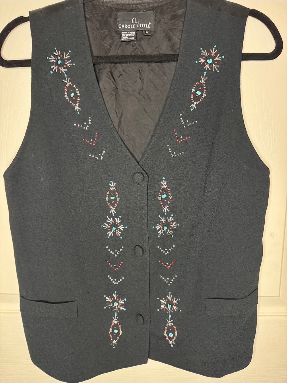 Carole Little Black Beaded V-Neck Vest